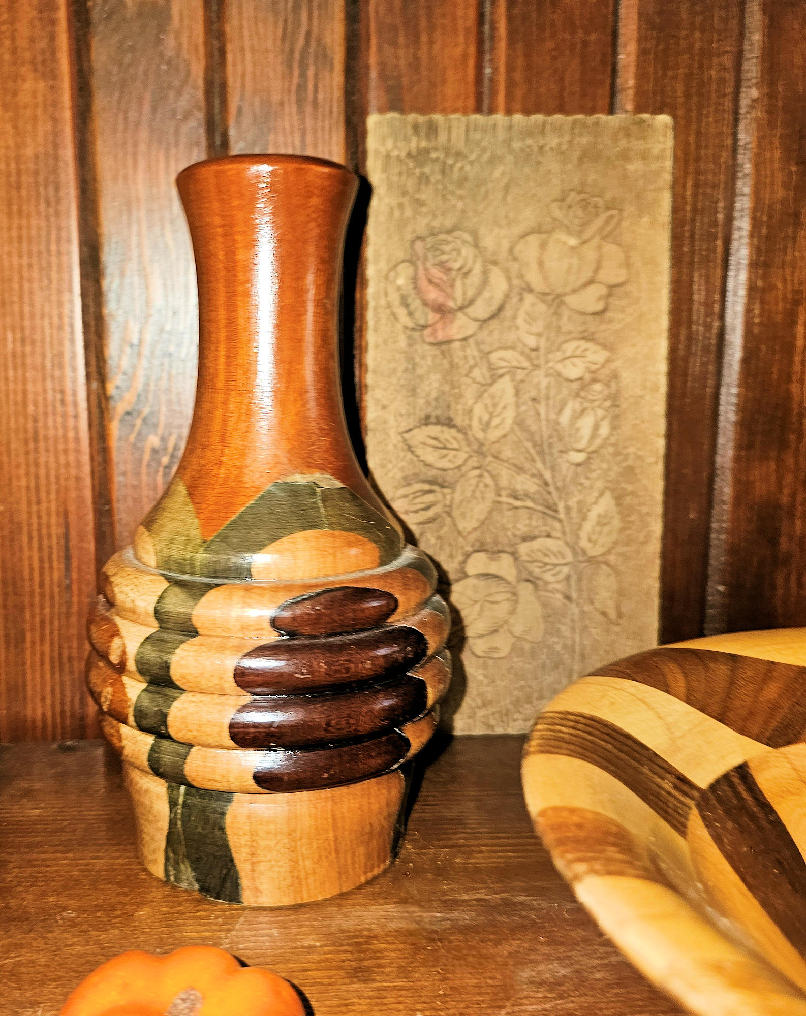 2-Pc Vtg Hand-Turned Segmented Wooden Set -
Matching Mosaic Hardwood Bowl & Vase