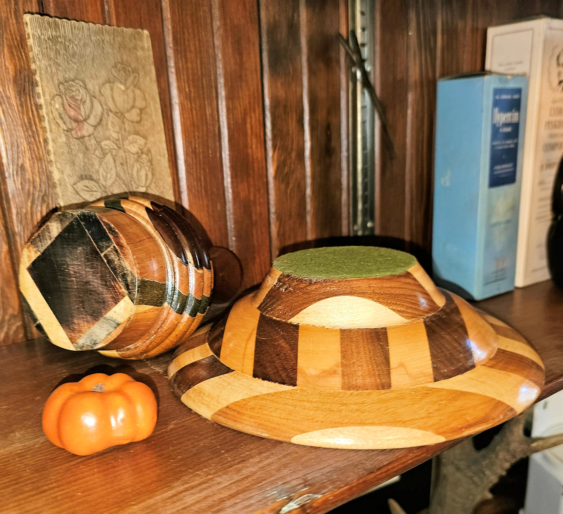 2-Pc Vtg Hand-Turned Segmented Wooden Set -
Matching Mosaic Hardwood Bowl & Vase