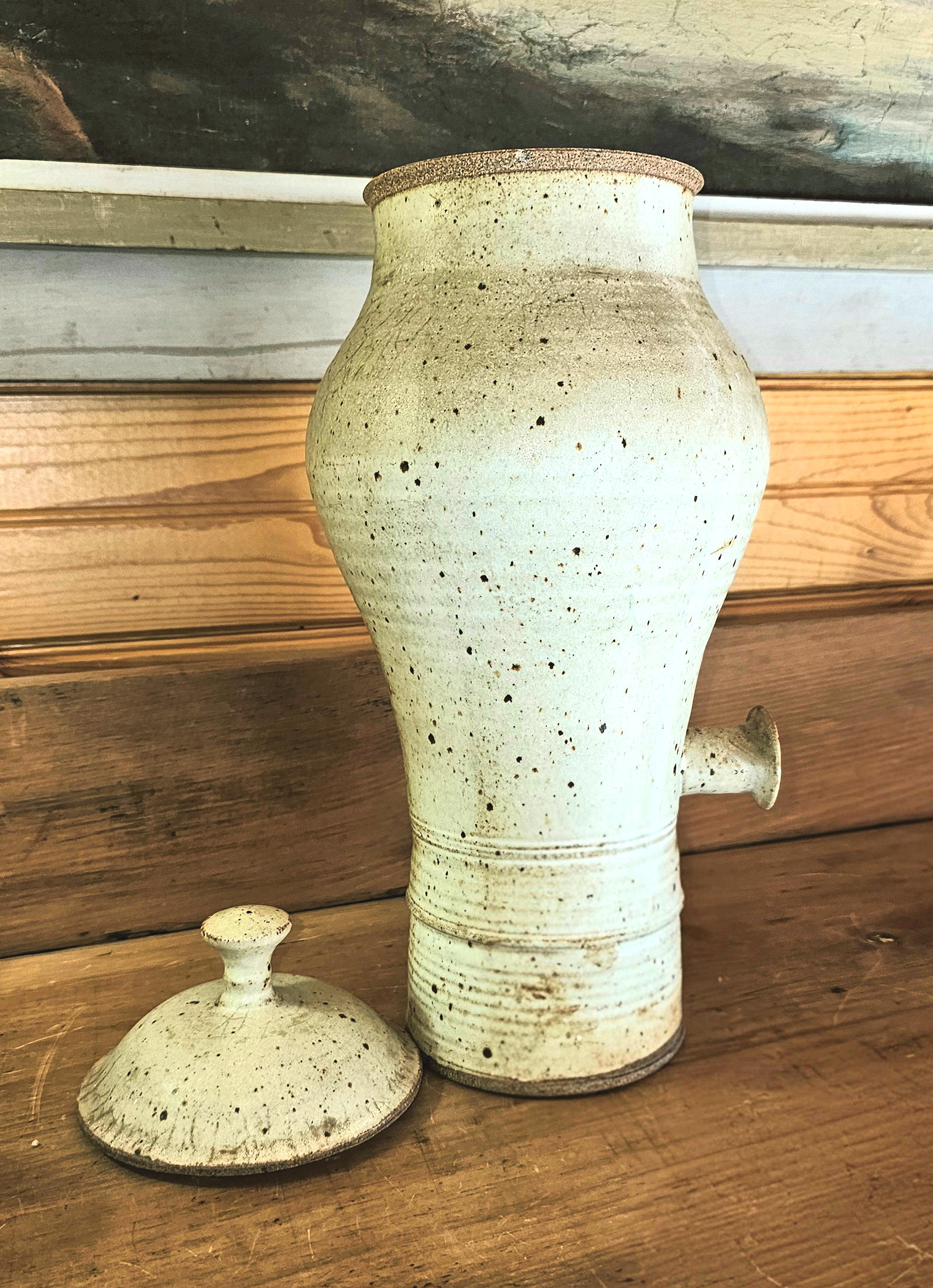 Vintage studio‑crafted stoneware wine or cider
table dispenser