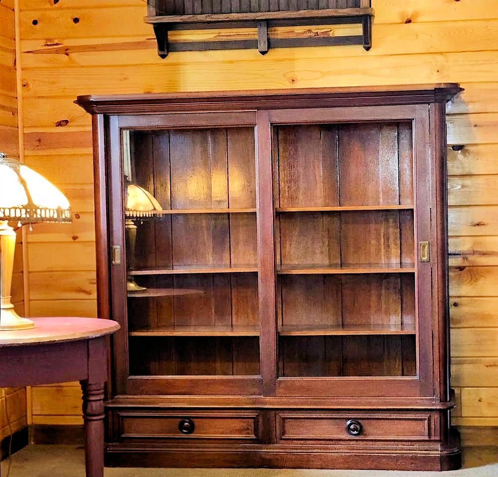 1880s Library or Parlor Walnut Sliding‑Door
Bookcase with Drawers – Craftsman Style