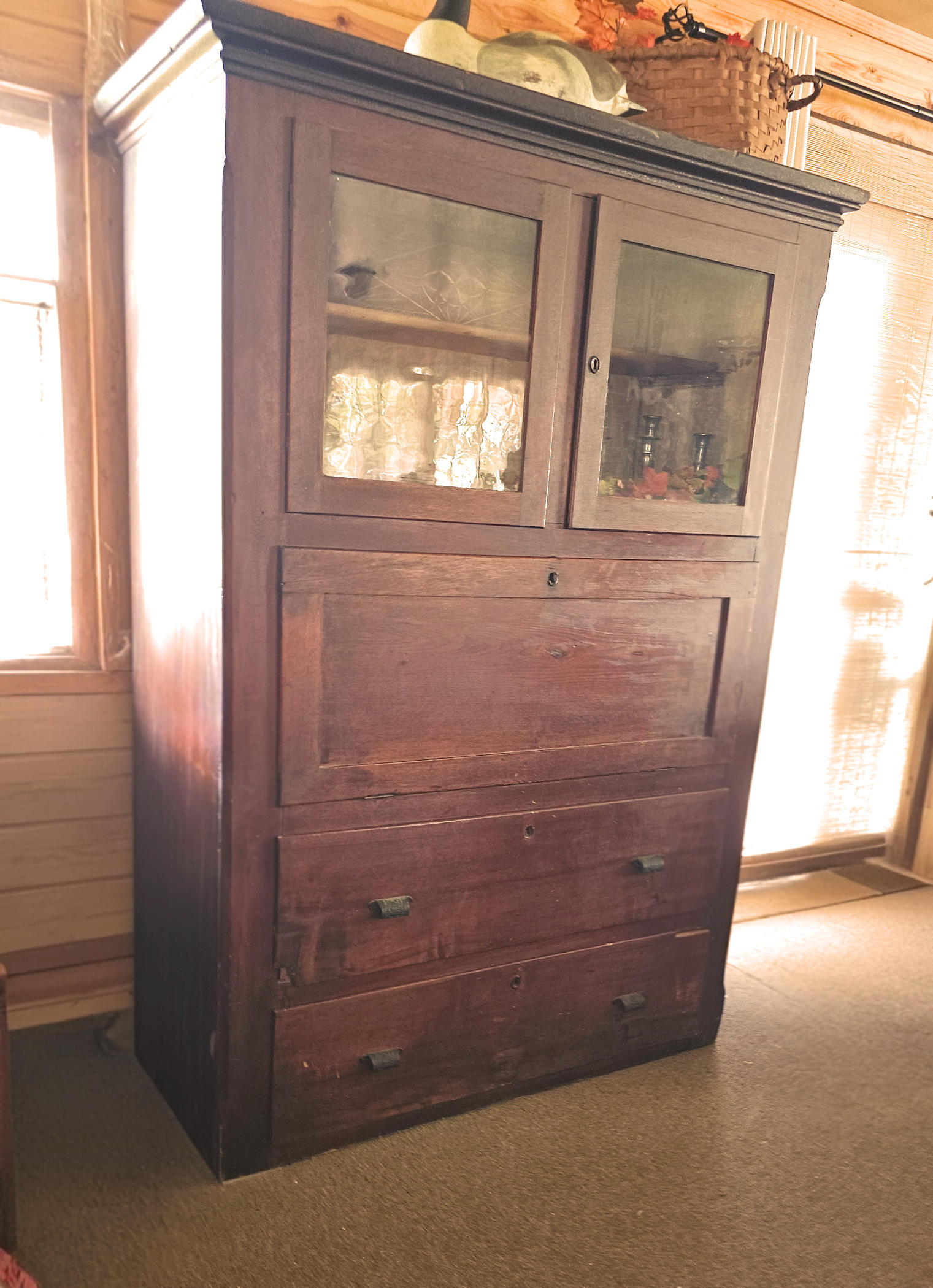 Antique Walnut Secretary Cabinet – Red Hue Finish,
Drop‑Front Desk Interior