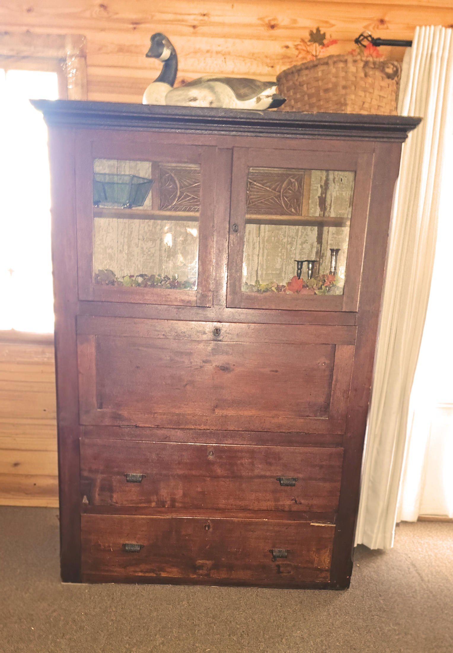 Antique Walnut Secretary Cabinet – Red Hue Finish,
Drop‑Front Desk Interior