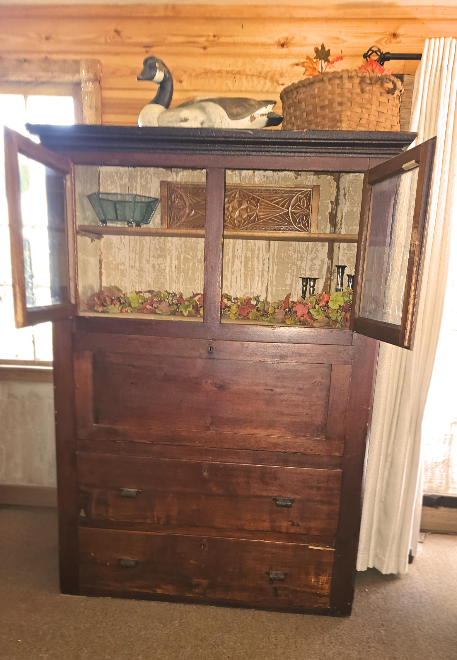Antique Walnut Secretary Cabinet – Red Hue Finish,
Drop‑Front Desk Interior