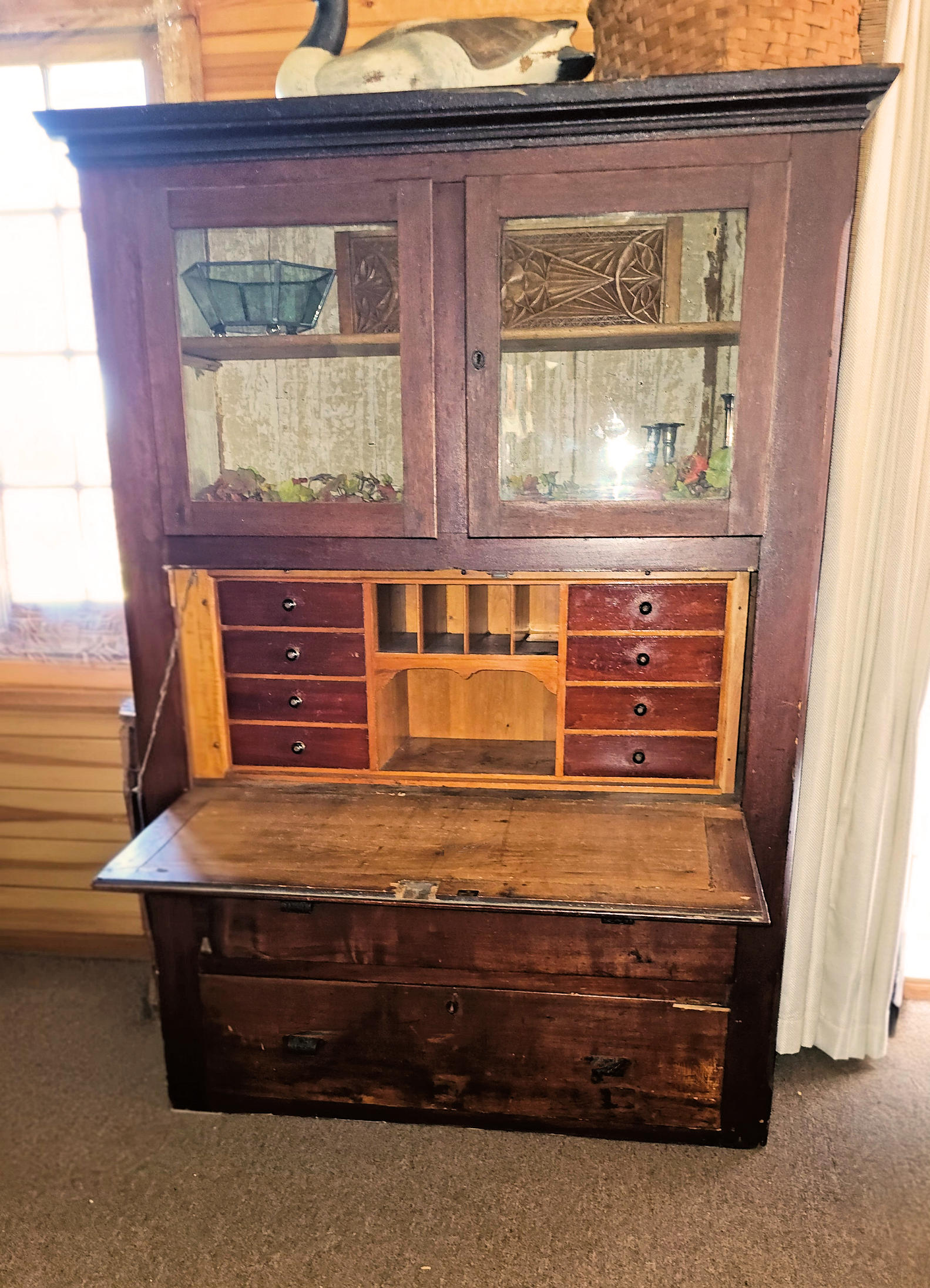 Antique Walnut Secretary Cabinet – Red Hue Finish,
Drop‑Front Desk Interior