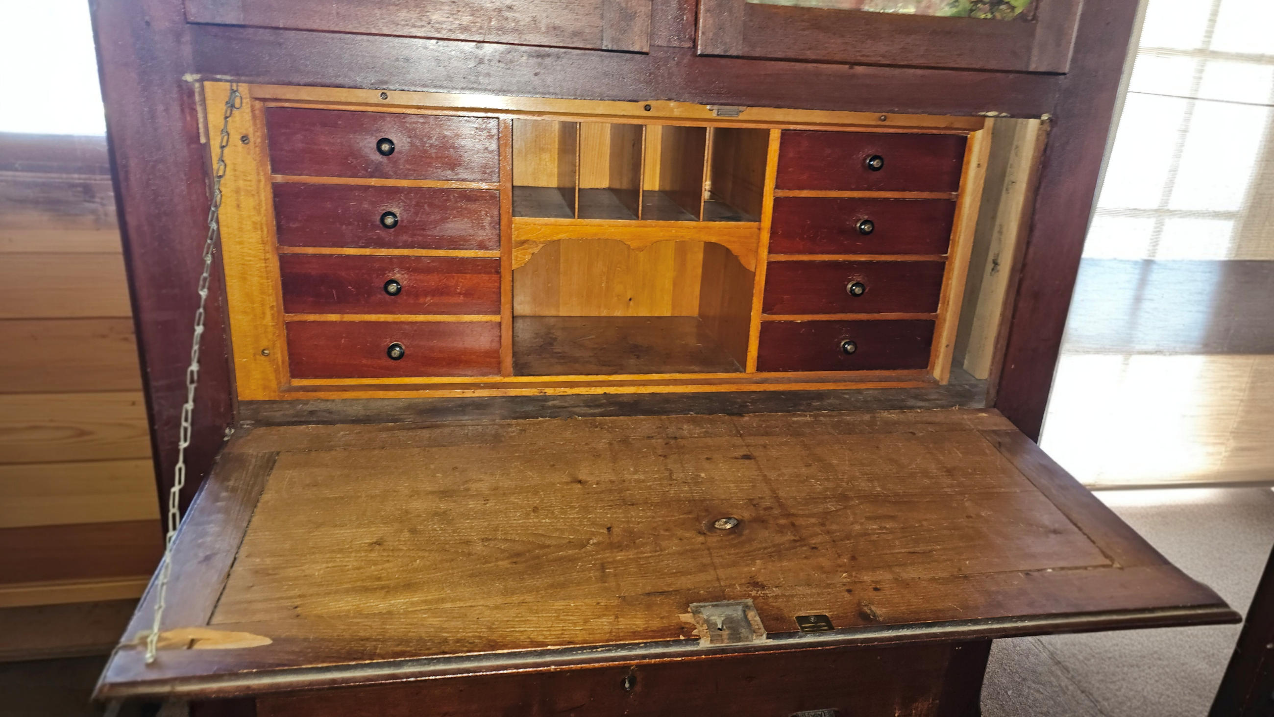 Antique Walnut Secretary Cabinet – Red Hue Finish,
Drop‑Front Desk Interior