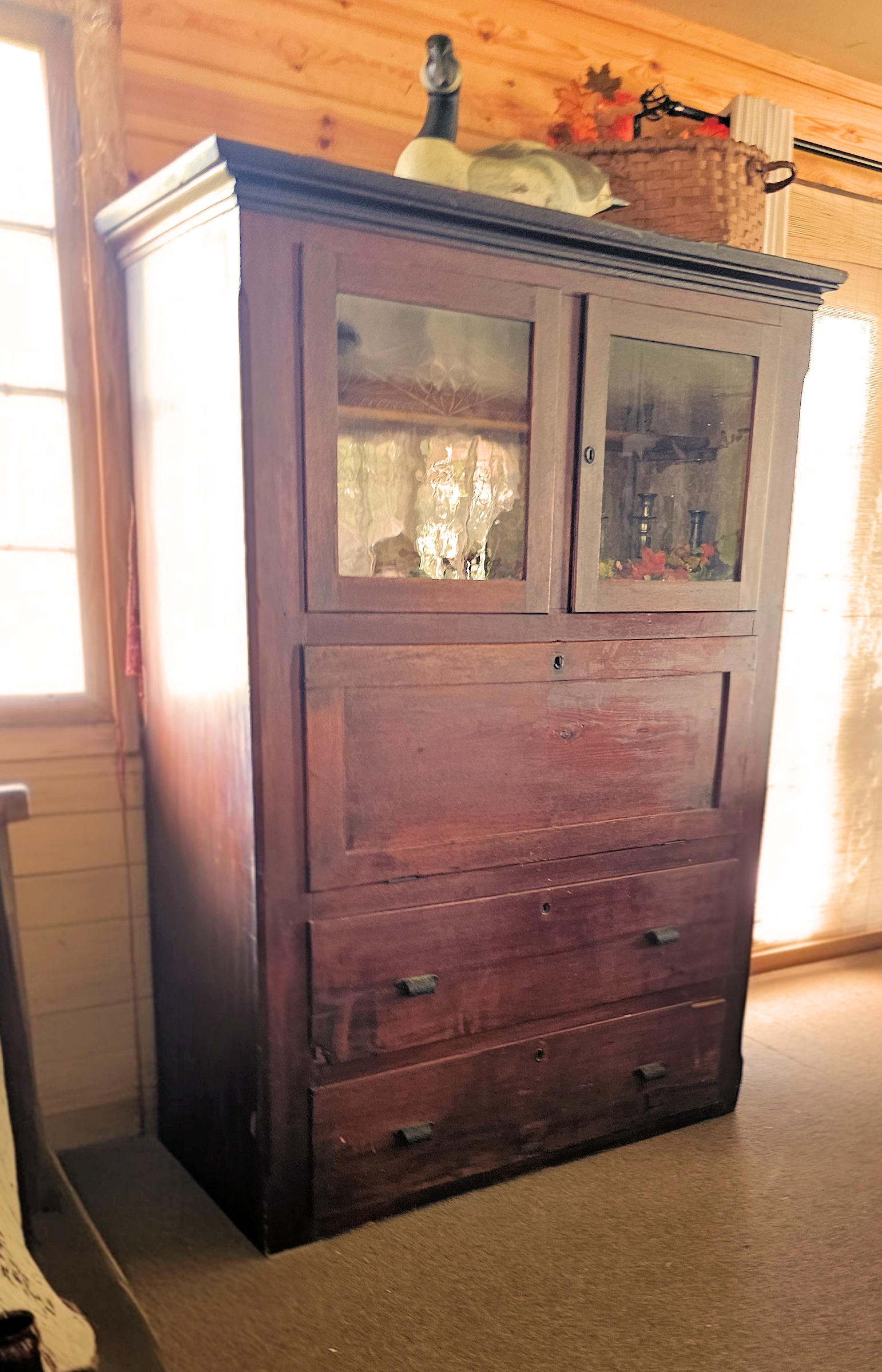 Antique
                        Walnut Secretary Cabinet � Red Hue Finish,
                        Drop‑Front Desk Interior