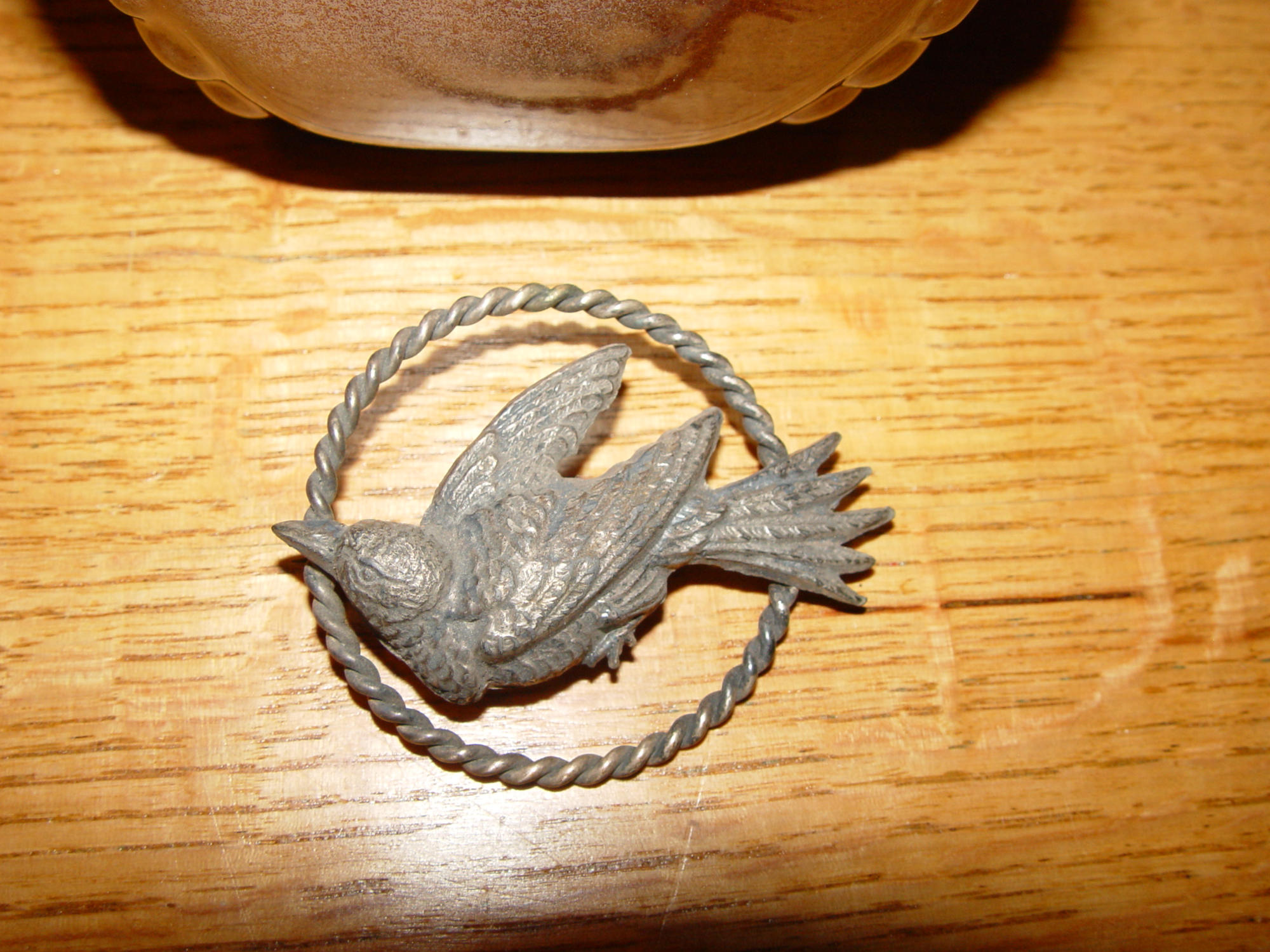 Vintage Songbird Brooch Silver-Toned Metal Bird Pin
in Twisted Hoop Frame