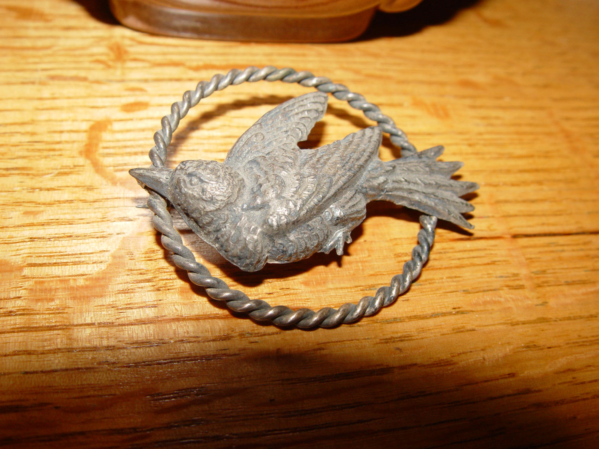 Vintage Songbird Brooch Silver-Toned Metal Bird Pin
in Twisted Hoop Frame