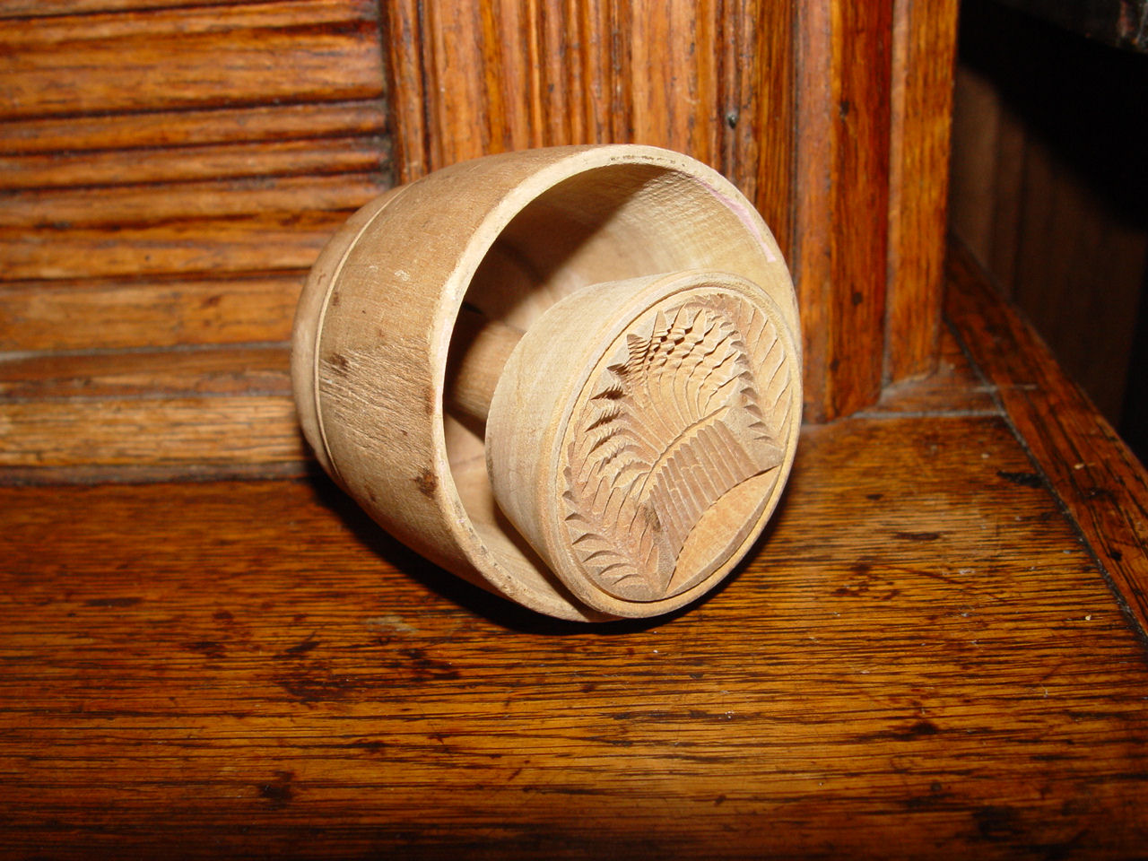 Primitive
                        Wooden Butter Mold Stamp, Wheat Sheaf PAT. 1866