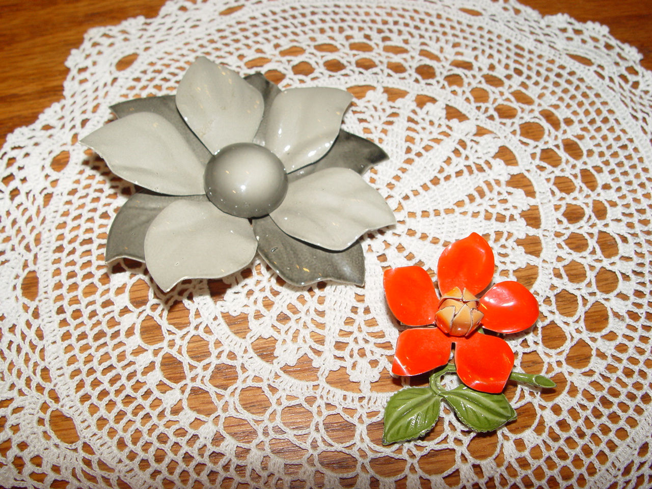Mid Century, Grey and
                                        Orange Enameled Floral Brooch
                                        Pins