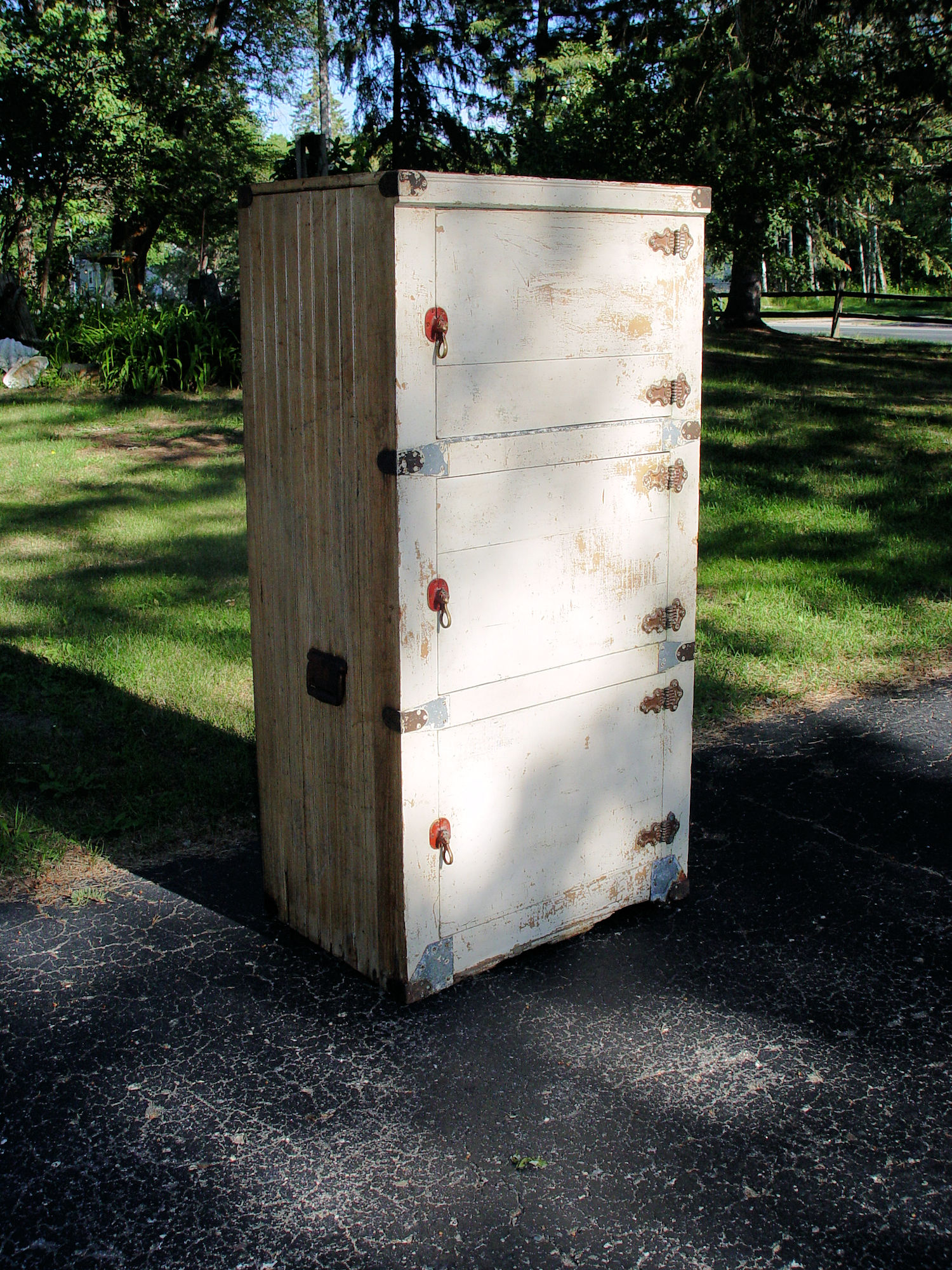 Tall Three-Door Ice Box,
                                        Pantry. Old Mustard White Paint