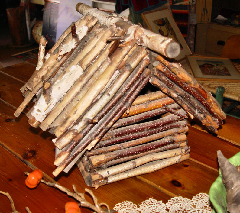 Birch bark
                        & twig handcrafted rustic vintage log cabin