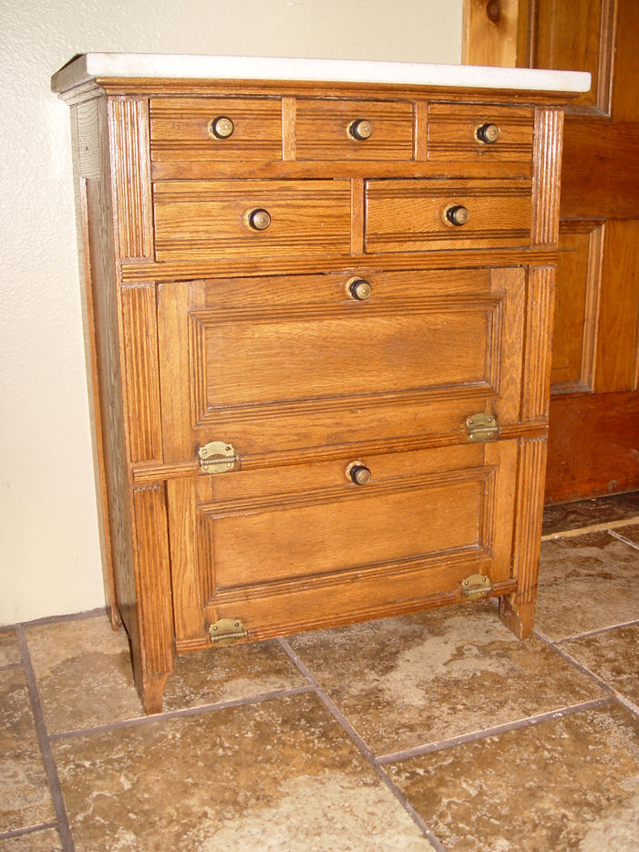 19th c.
                        Eastlake Oak Barbershop Cabinet, Towel Stand
                        with Marble Top